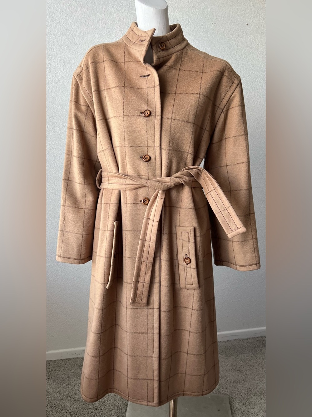 Vintage Vogue Paris Original Camel Windowpane plaid Coat- BEAUTIFUL!
